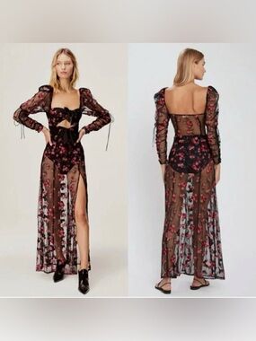 For Love & Lemons Blondie Tulle Roses Maxi Dress Size Small NEW